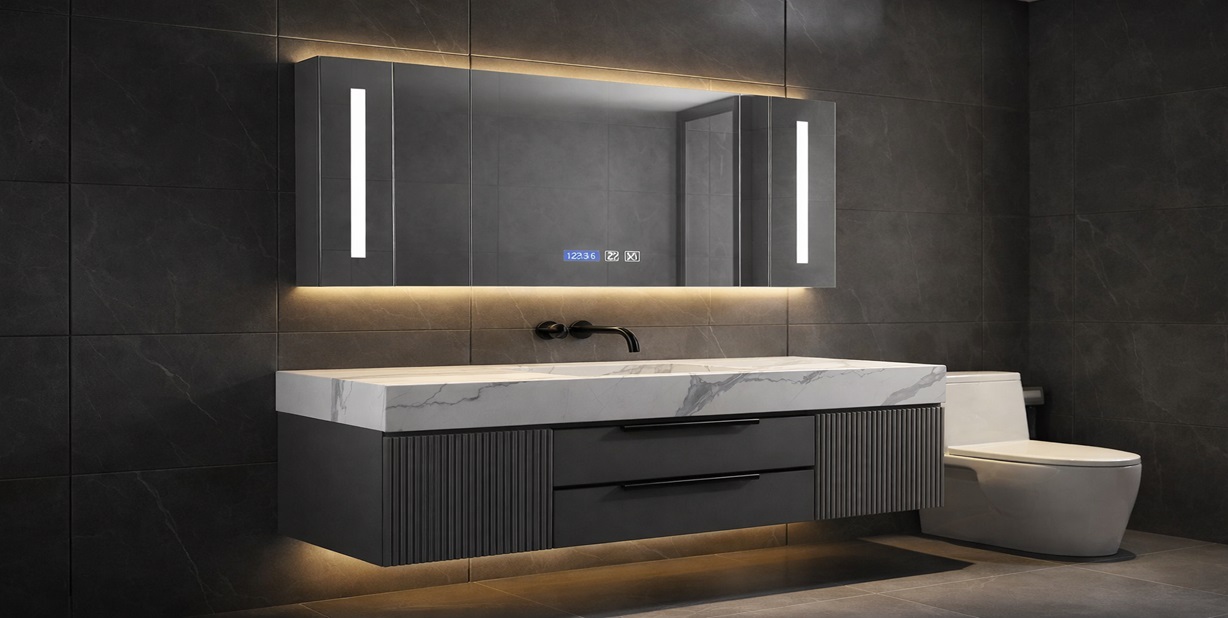 Floating all in one bathroom sink vanity with LED mirror and integrated sink